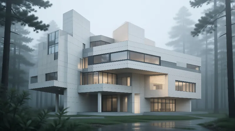 Modern House in Foggy Forest