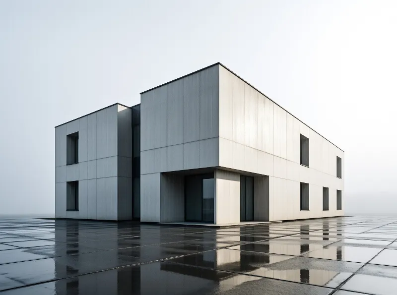A minimalist white structure stands on glossy wet pavement mirroring its geometric shape beneath a pale overcast sky.