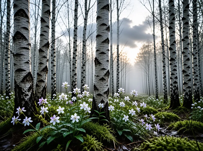 Tall birch trees stand in a row while small white and purple flowers bloom on the mossy forest floor beneath a hazy sky.