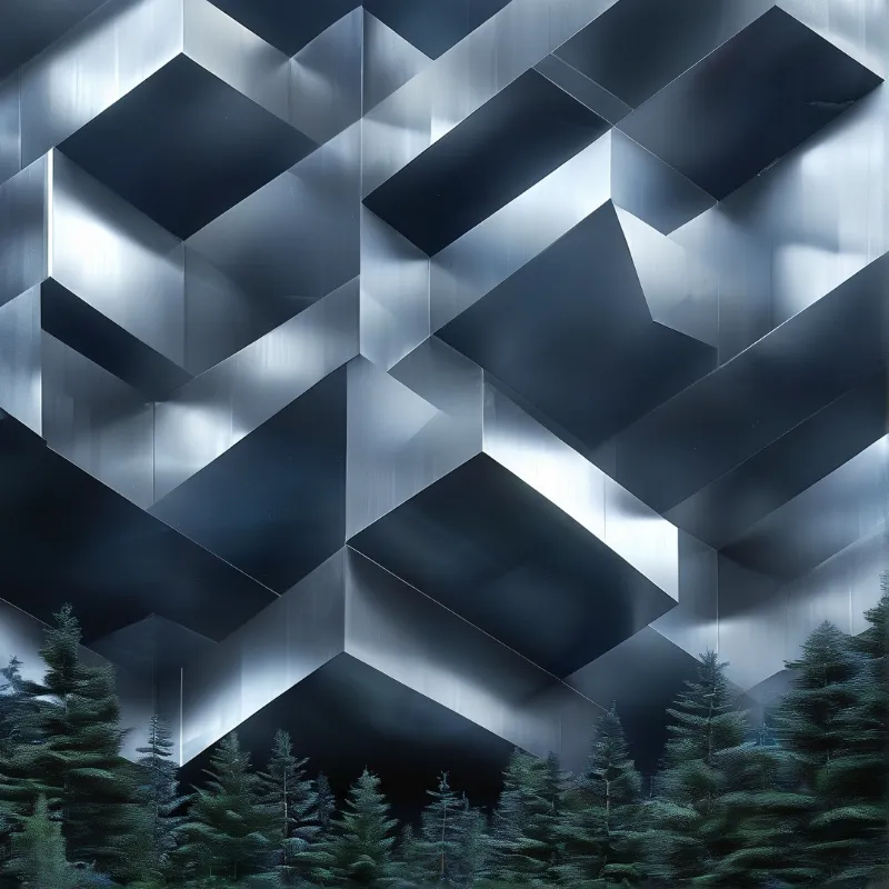 Metallic panels form a massive geometric structure illuminated by cool light while rising above a dense line of dark trees.