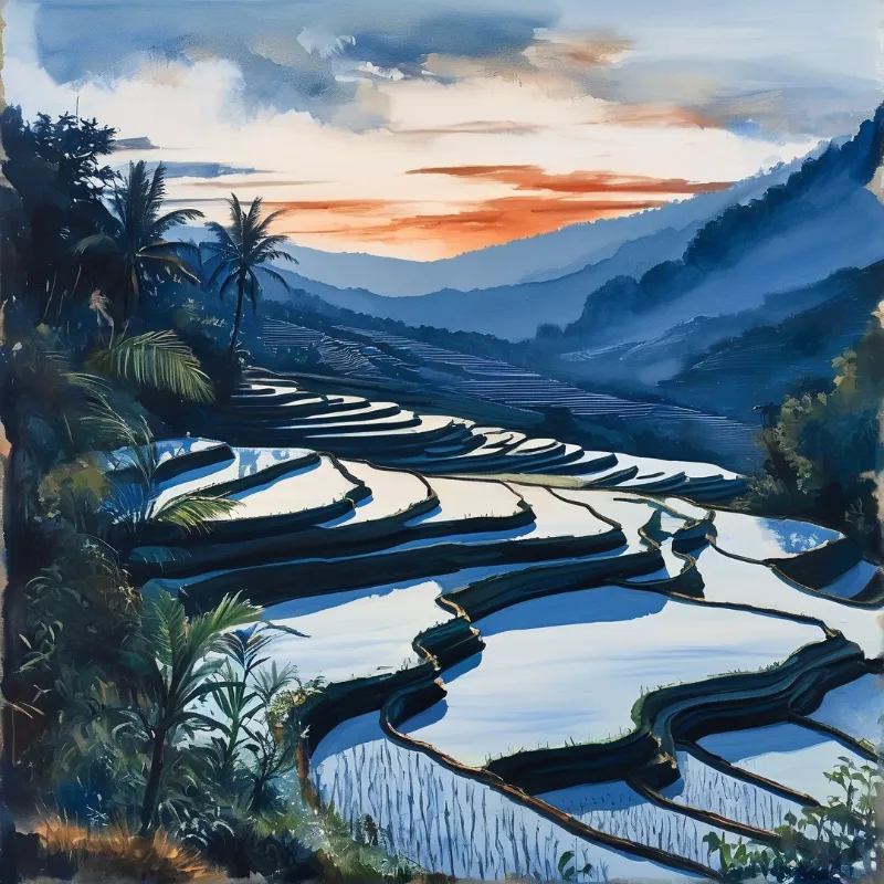 Painted scene of water-filled terraces cascading down a mountain slope with palm trees under an orange sunset sky