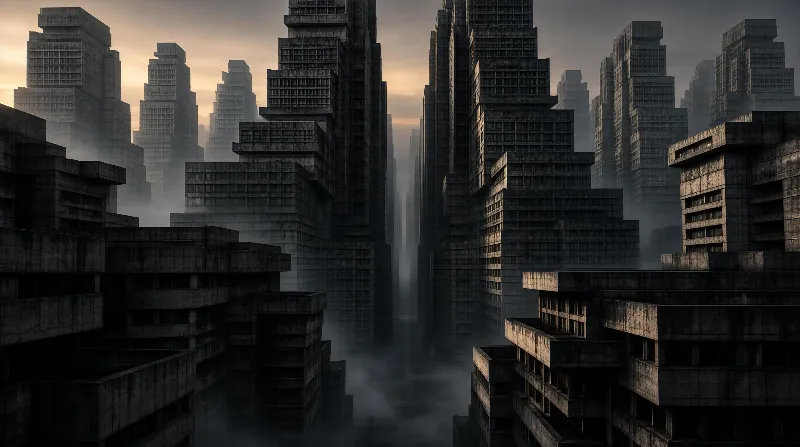 A foggy urban street lined with concrete skyscrapers, illuminated by soft morning light.