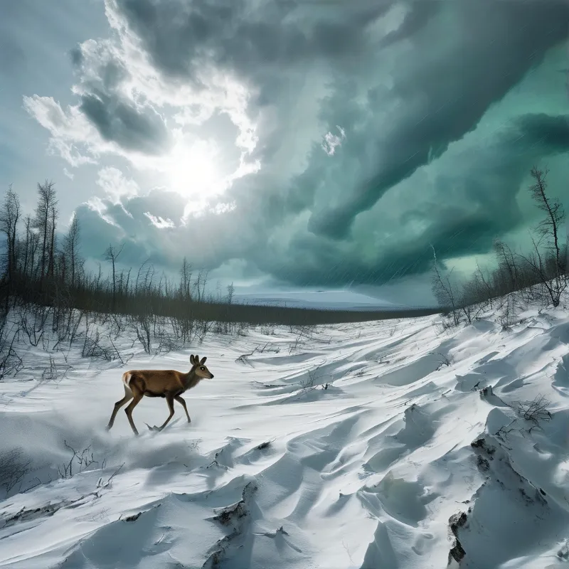 A brown deer moves across a snowy field while sunlight breaks through heavy green clouds above.