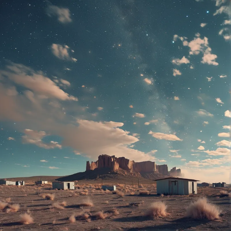 Isolated desert outposts sit below a towering red sandstone formation under a deep teal sky dotted with stars and soft clouds.