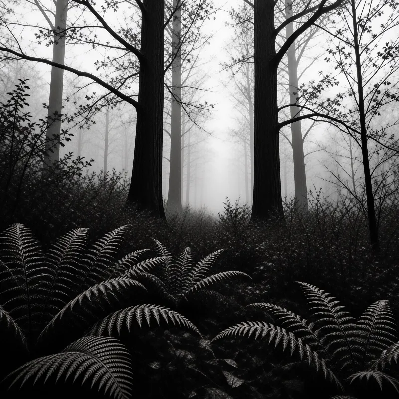 Black and white shot of lush fern fronds in the foreground, with dense fogged wooded trunks rising behind in monochrome tones.