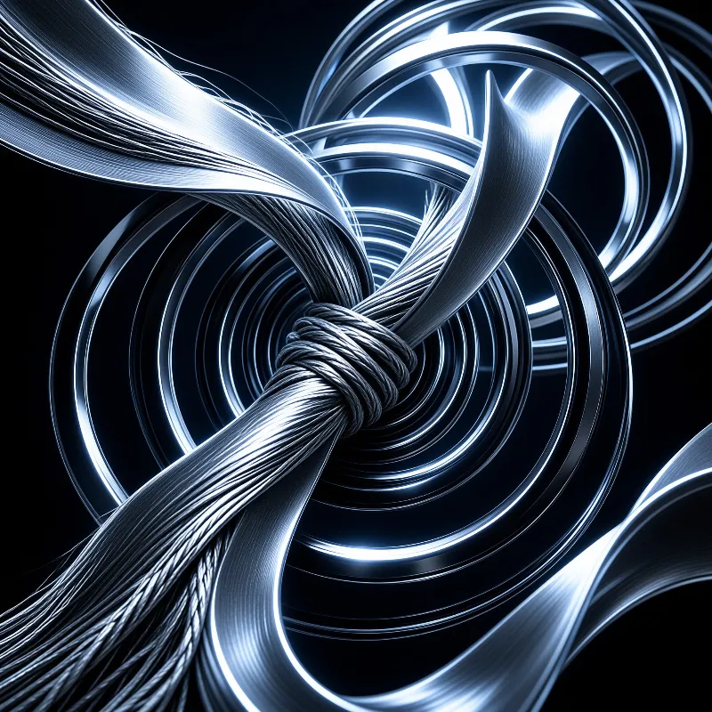 Bundles of brushed metallic thread twist into a tight knot at the center of glowing concentric rings on a dark field.