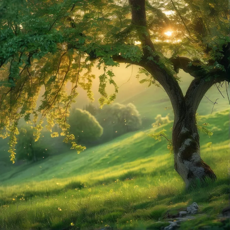 Sunlit Willow Over Green Hills