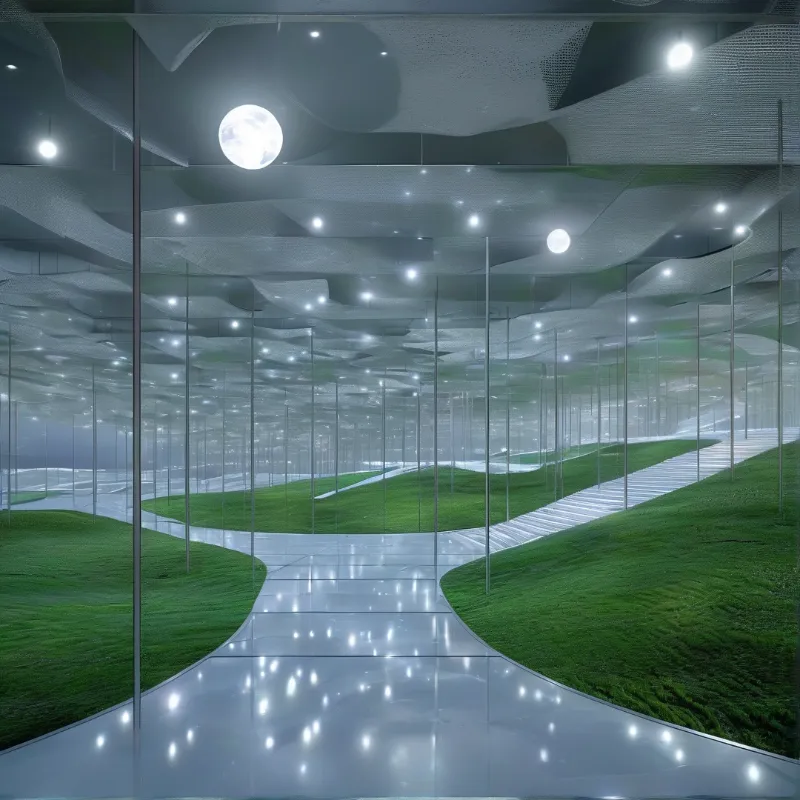 A reflective white path winds between lush green hills under a ceiling of wavy panels and bright circular lights.