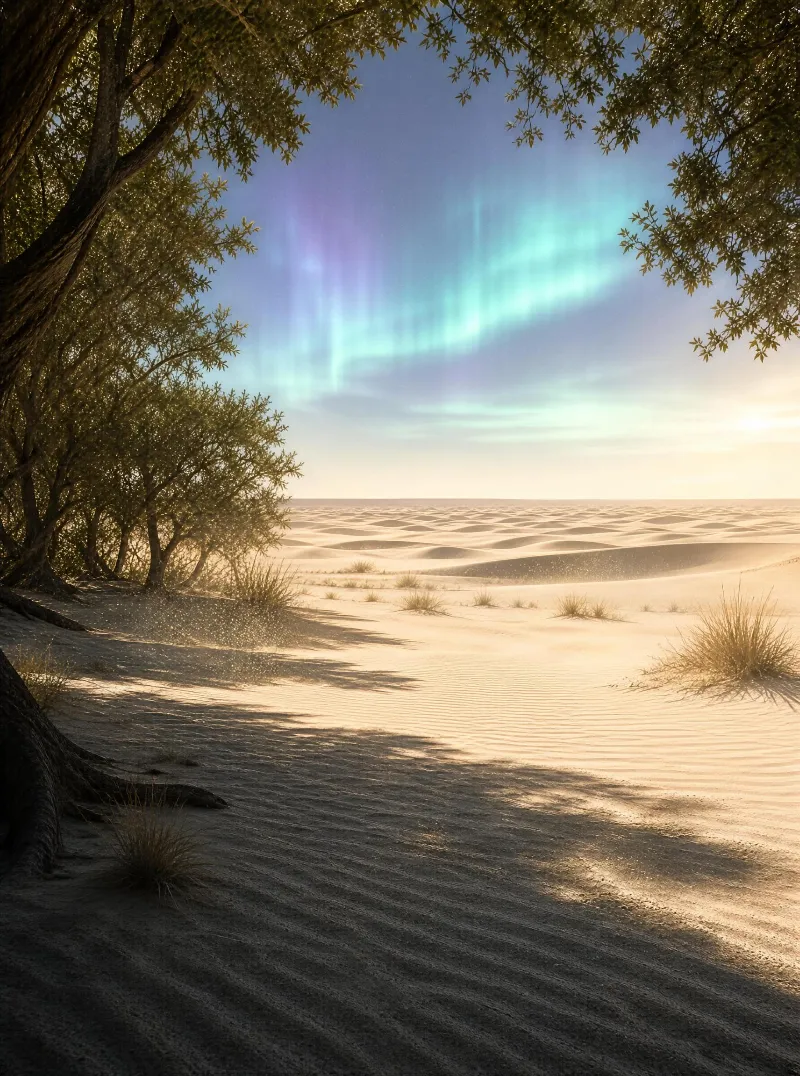 Desert Landscape with Aurora