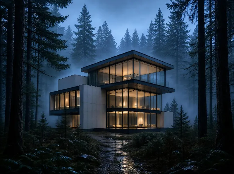 Modern House in Misty Forest