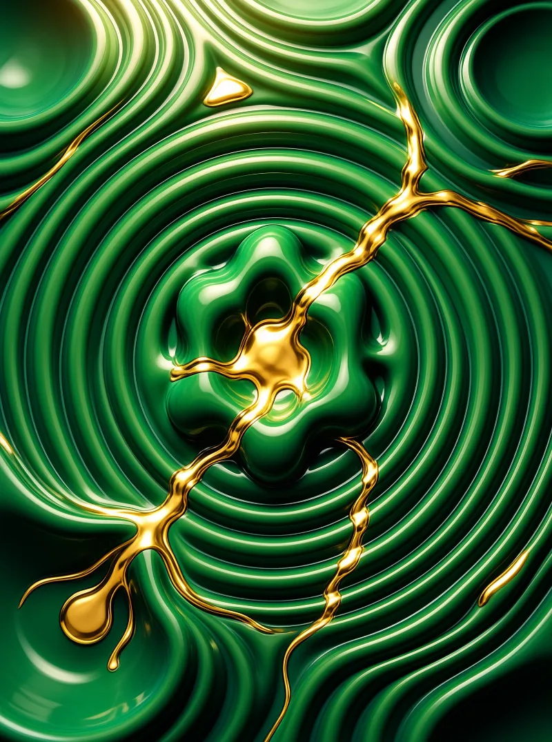 Bright golden branches contrast against dark green concentric ripples with glossy highlights.