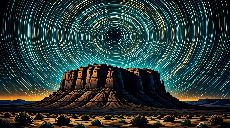 A flat-topped desert rock formation sits beneath concentric arcs of star trails painted across a teal night sky.