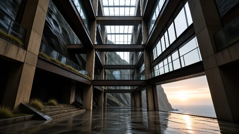A wet floor reflects the golden sky visible through the massive glass walls of this coastal building interior.