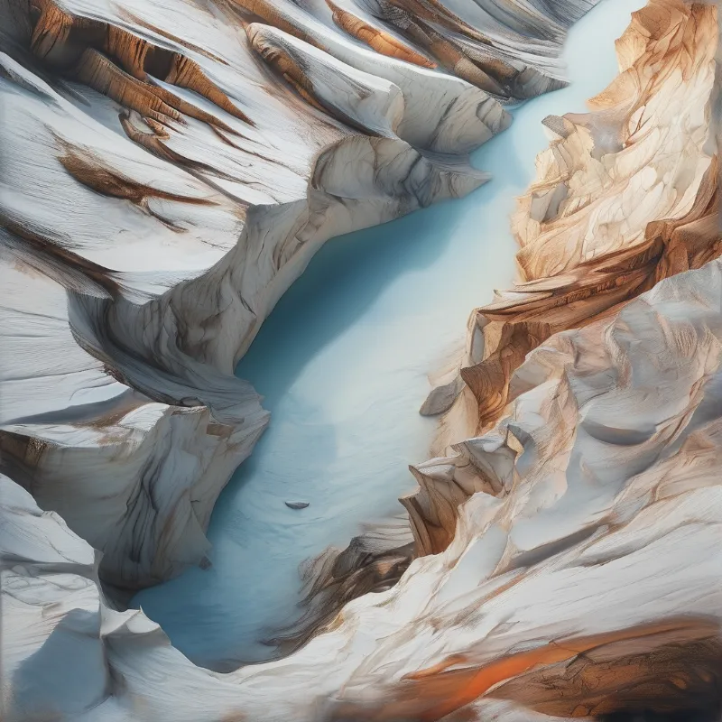 A surreal landscape with smooth white and brown rock formations curving around a winding pale blue river channel.