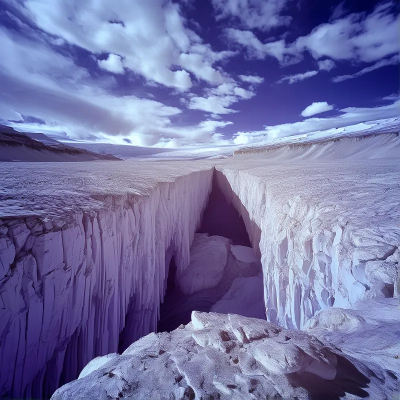 A deep fissure splits the vast white ice sheet under a dramatic purple and blue sky filled with scattered clouds.