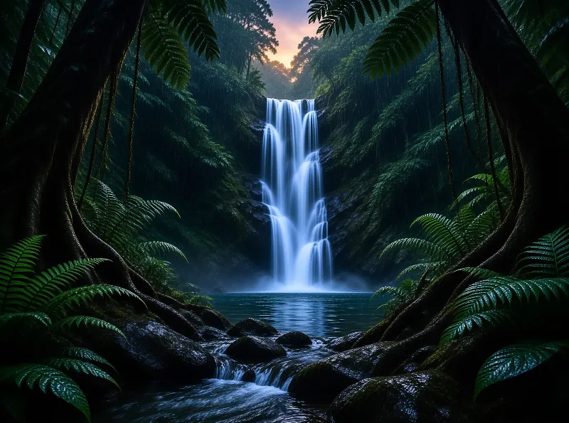 A tiered waterfall cascades into a pool in a lush jungle, warm dusk light shines between distant trees and ferns frame the foreground.