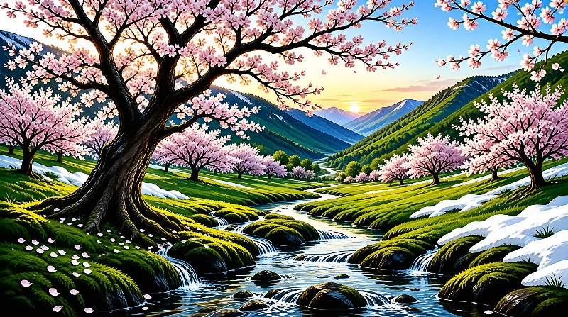 A large pink cherry tree stands beside a mossy stream flowing through a green valley beneath snowcapped mountains at sunset.