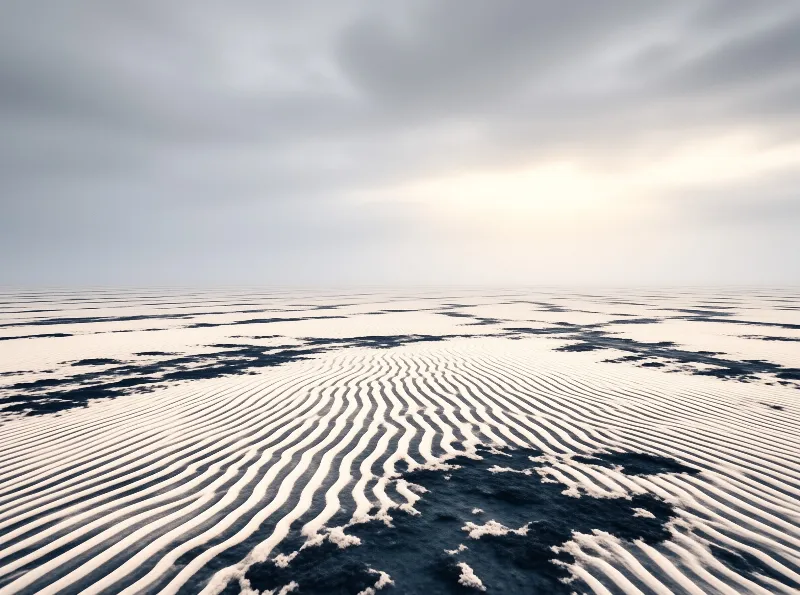 Extensive rippled terrain patterns stretch across the frame beneath a dim overcast sky.