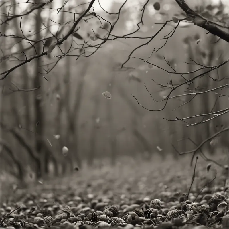 Black and white photograph of pinecones scattered on a forest floor with falling leaves and bare branches.
