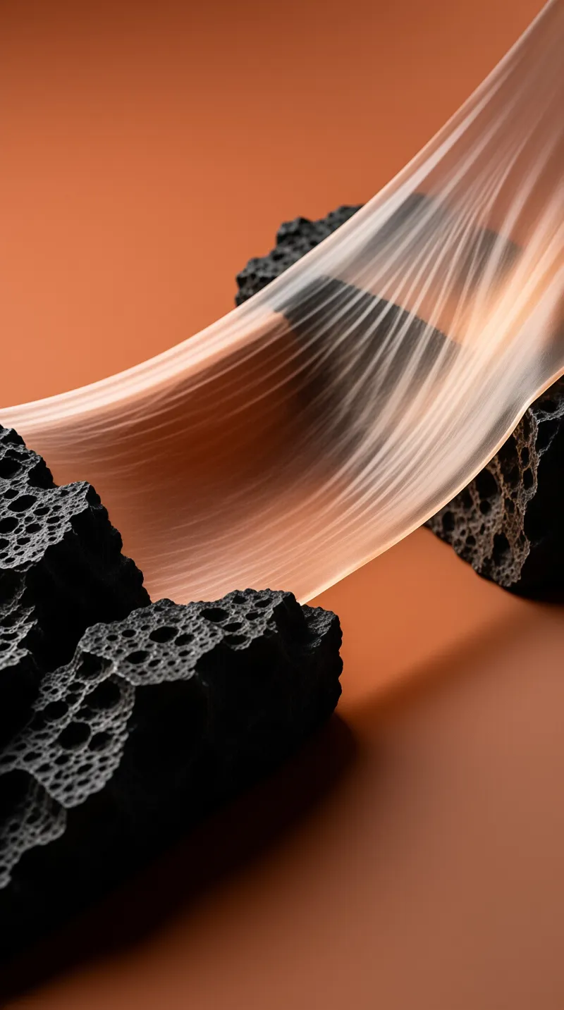 A semi-transparent peach sheet curves over intricate black lace shapes set against a matte orange background.