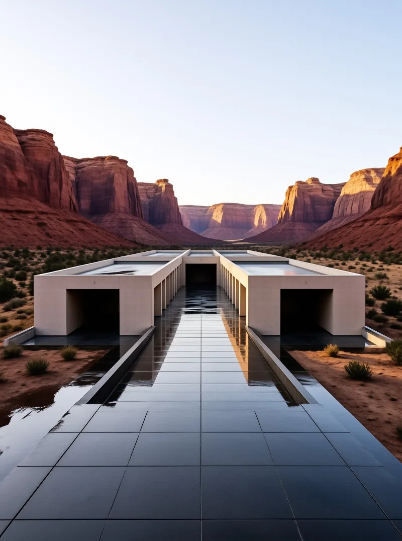 A concrete structure with a reflective water channel sits in a desert landscape featuring red rock canyons at sunset.