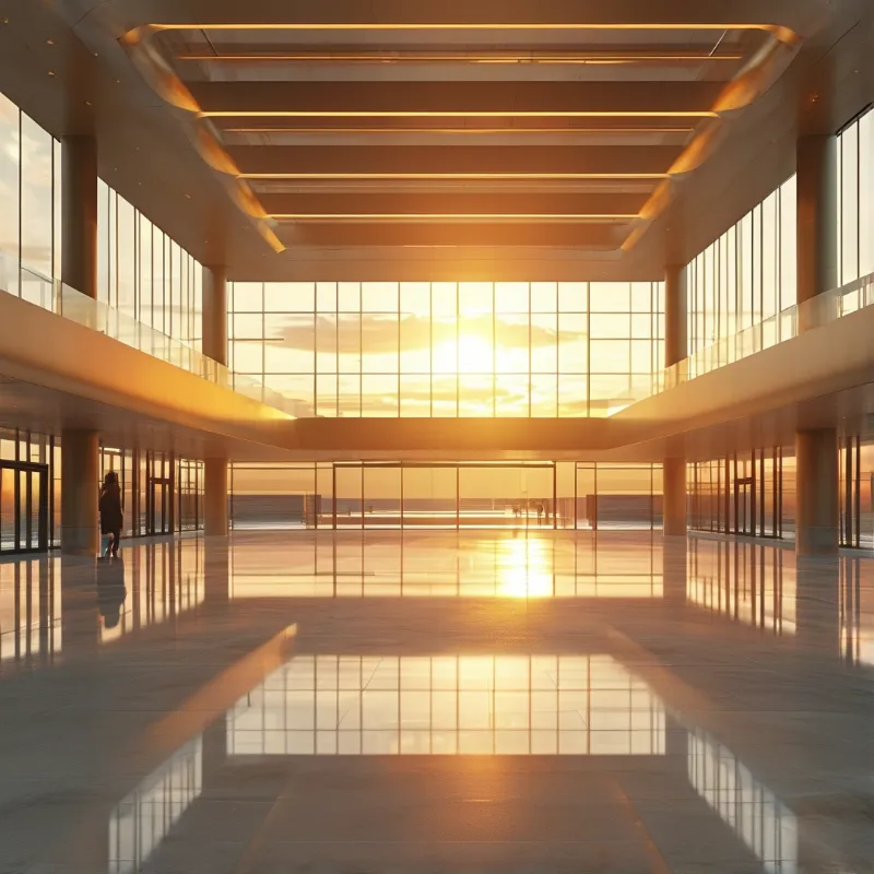 Spacious modern interior features large glass walls reflecting golden sunset light onto polished floors.