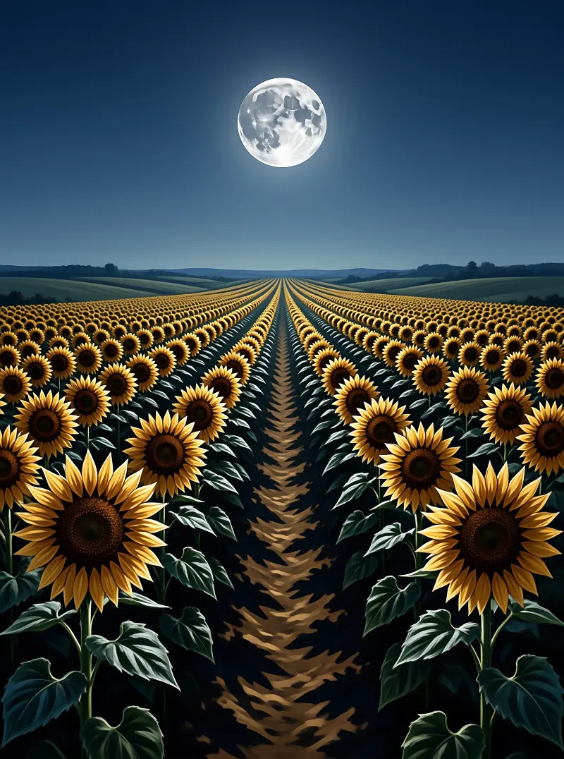 A full moon lights a vast field of sunflowers in long rows along a central dirt path at night.