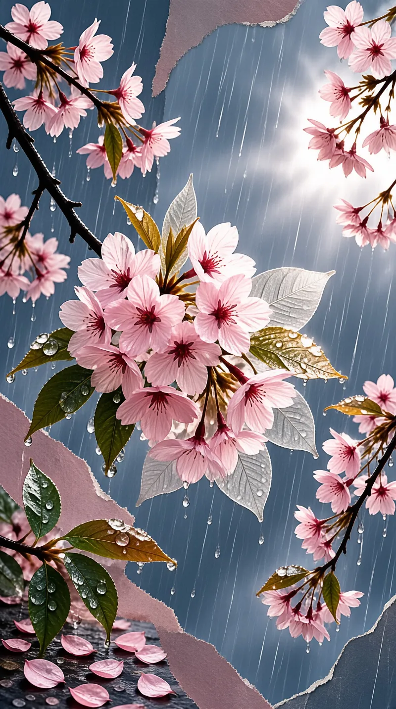 A collage of pink cherry blossoms with water droplets hanging from branches while rain falls against a deep blue sky.