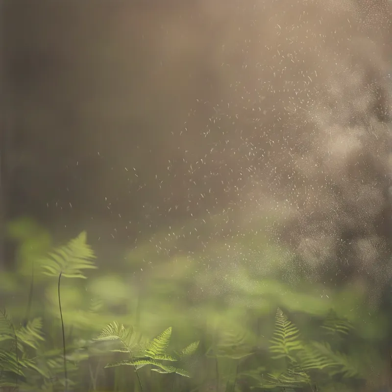 Green ferns sit below a hazy brown fog filled with floating particles catching soft warm light.