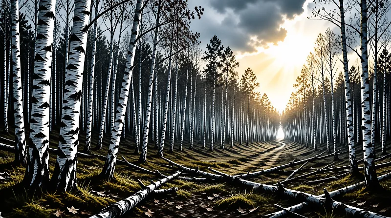 Tall birch trees with white bark line a forest path where bright sunlight streams through the trees from the distance.