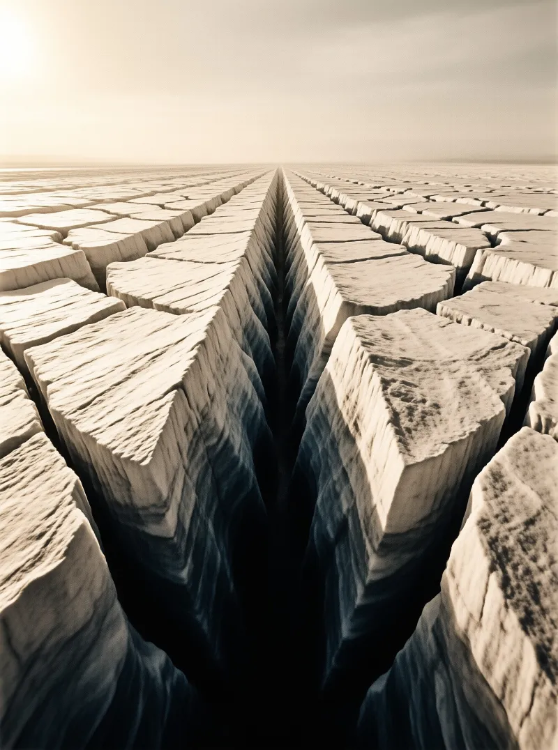 A deep dark fissure cuts through a vast white ice field stretching to a hazy sunlit horizon