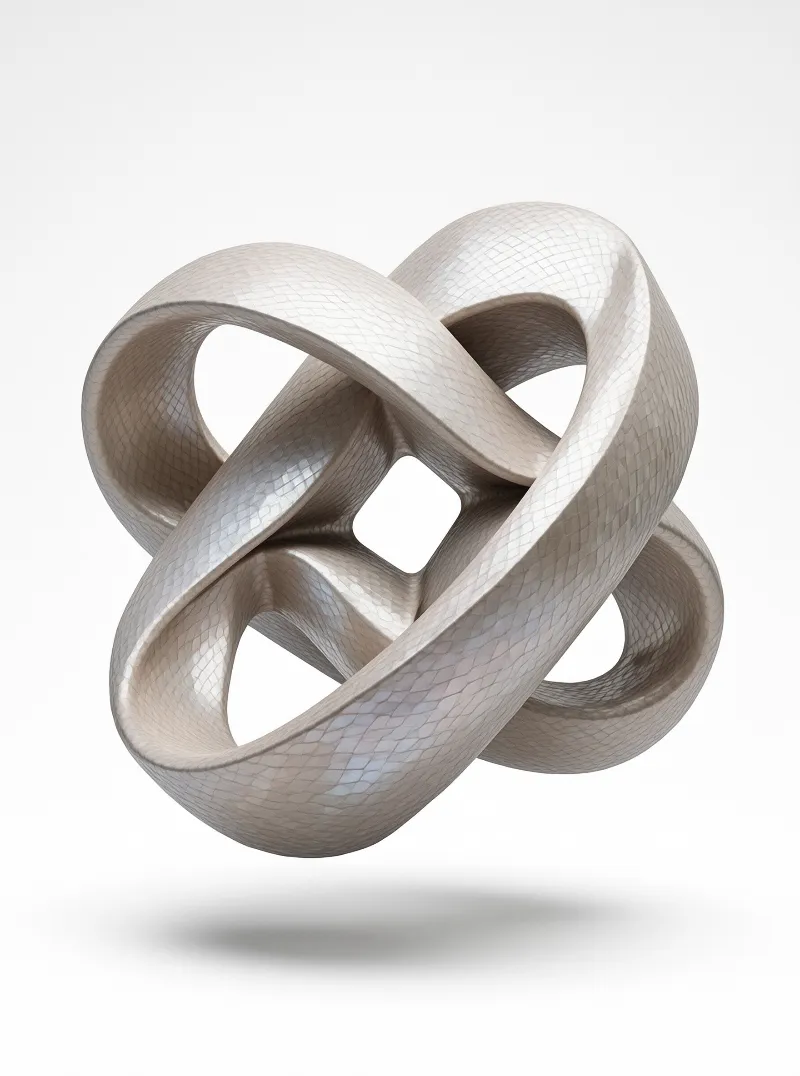 A pale interwoven loop with fine crazed glaze hovers against a bright background above a blurred shadow.