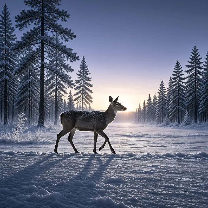 A slender deer steps through deep snow as pale sunrise light spills between frosted spruce trees.