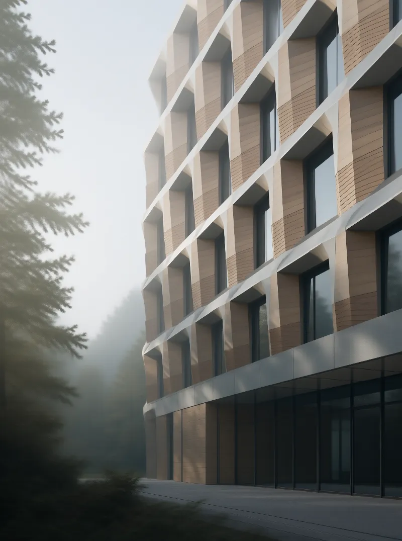 Timber Facade in Morning Fog