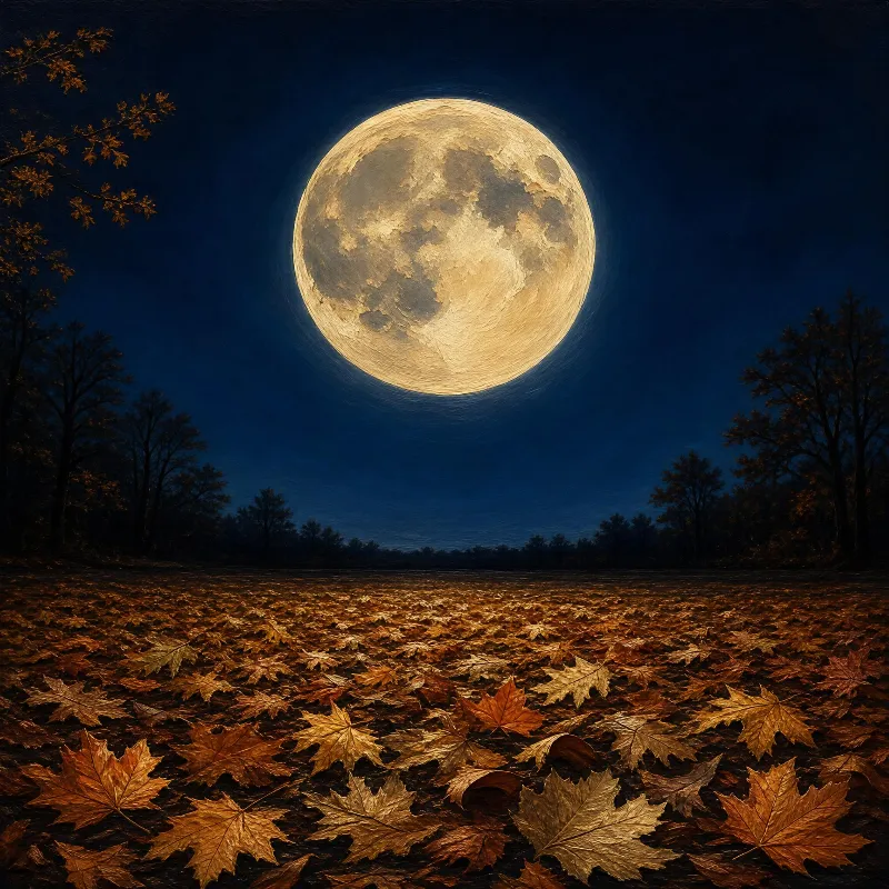 A large full moon glows in a dark night sky above a field covered in golden and brown autumn leaves, with silhouetted trees in the distance