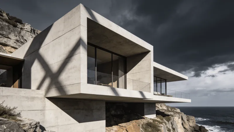 Villa with Brutalist Massing — Coastal Cliff