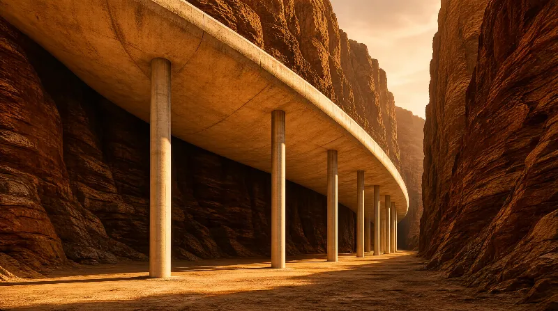A concrete highway overpass with supporting columns spans a narrow canyon, flanked by rugged rocky cliffs under warm golden light.