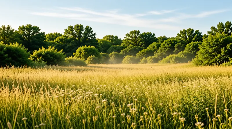 White wildflowers grow in a sunlit meadow of tall grass leading toward a dense green forest treeline.