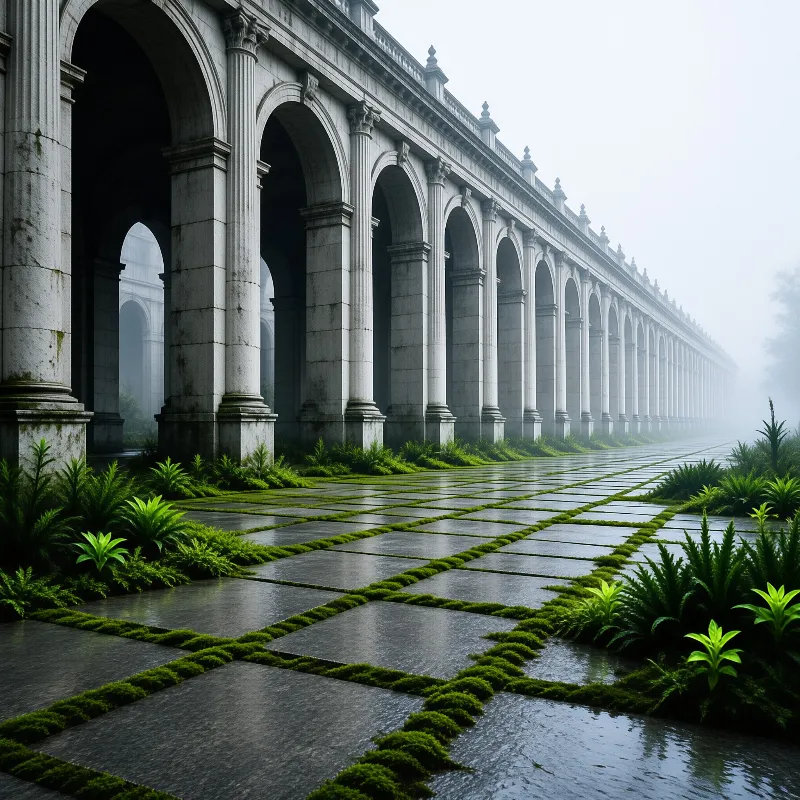 A mossy row of stone arches with lush plants recedes into white mist over dark paved slabs.