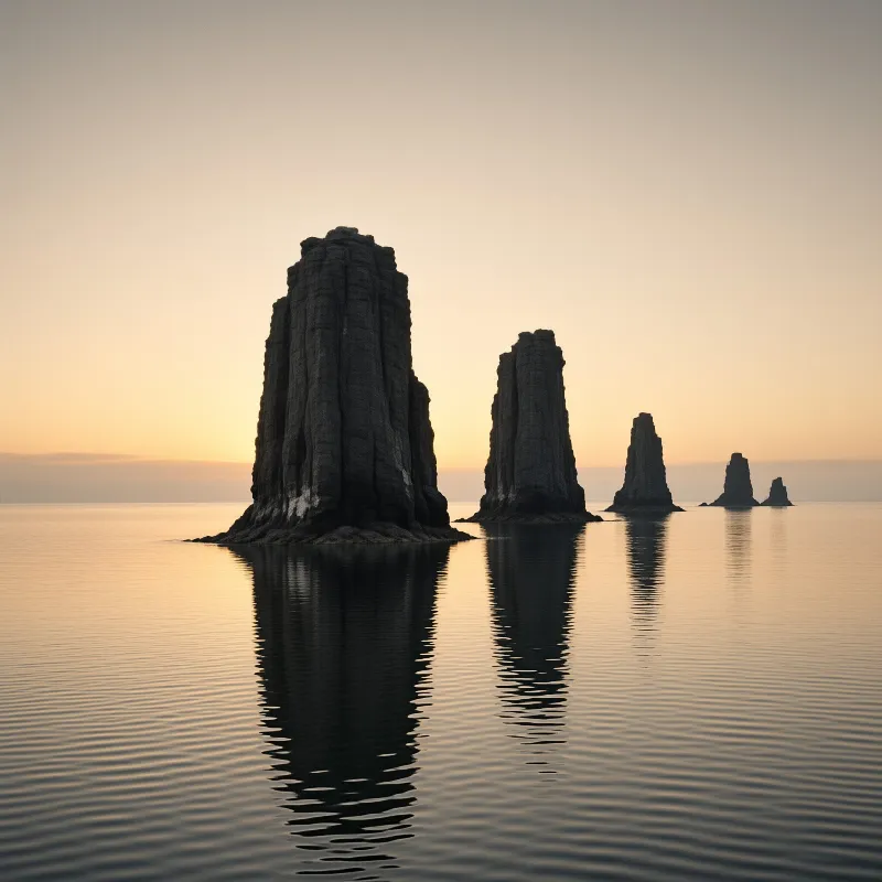 Large dark rock pillars rise from calm water against a soft orange sky with distinct reflections below.