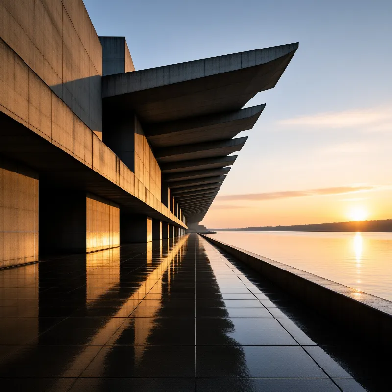 Geometric concrete structure with overhanging roof reflects on a wet walkway beside a lake at golden hour.