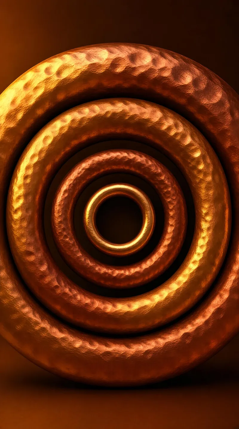 Concentric copper rings with hammered texture, glowing warm light against a dark backdrop