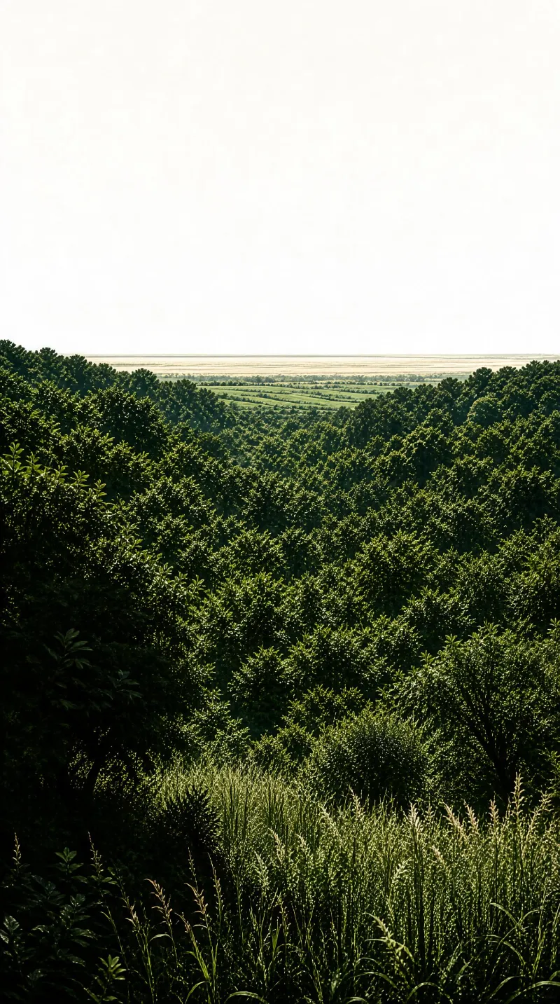 Dense forest vegetation with tall grasses and rolling tree-covered hills that extend toward distant flat plains under a bright, clear sky