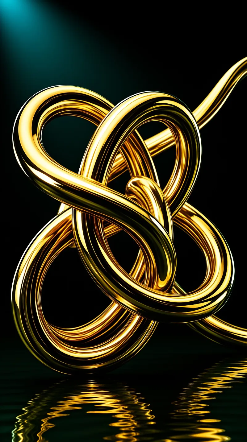 A shiny golden twisted knot hovers above a dark surface casting shimmering yellow reflections into the water below.