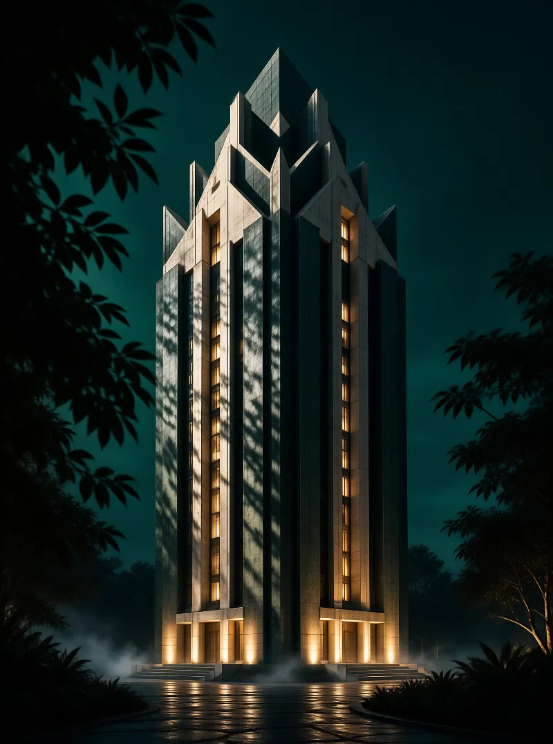 A tall geometric skyscraper stands illuminated against a dark teal sky while fog rolls near the base.