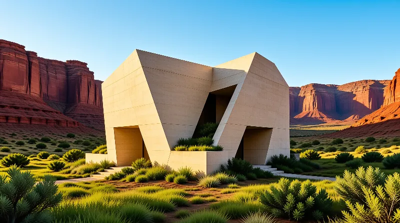 A massive angular concrete structure features large openings and sharp edges while situated in a valley surrounded by reddish cliffs and low-lying desert vegetation under bright sunlight.
