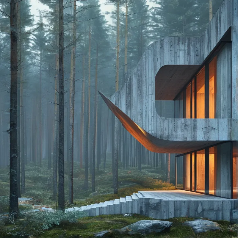 Modern House in Misty Forest