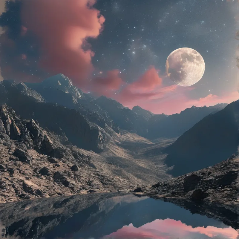 Jagged mountains surround a reflective lake beneath a starry sky with a large moon and pink clouds.