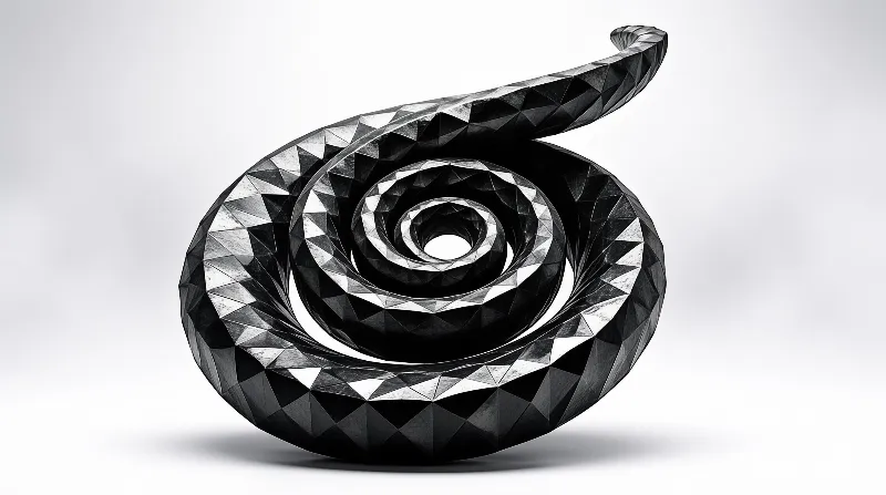 A black faceted spiral object sits on a white surface with studio lighting.