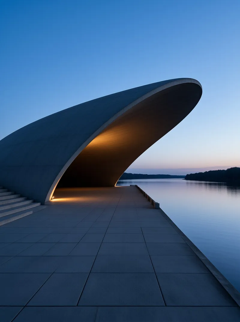 A large curved concrete form illuminates a waterfront walkway with warm light during the blue hour.
